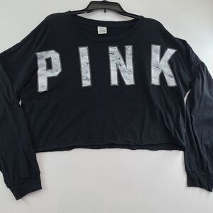 PINK VICTORIA'S SECRET Black Long Sleeve Cropped‎ Tee Shirt - Size Medium